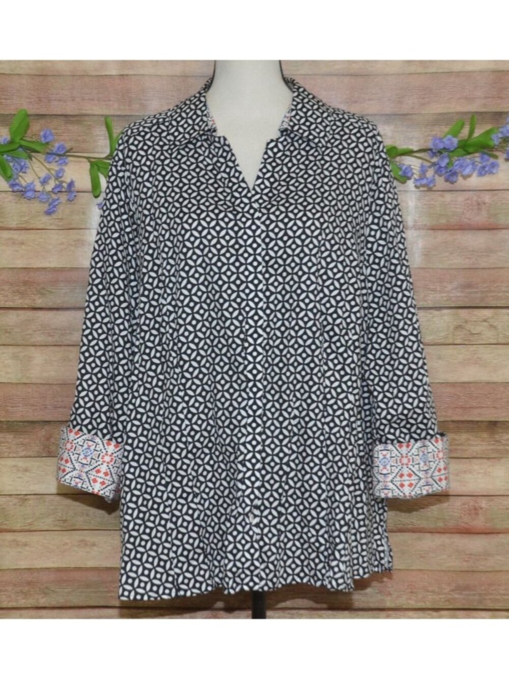 Foxcroft Black & White Print Wrinkle Free Cotton Button Up Blouse Top Size 22W